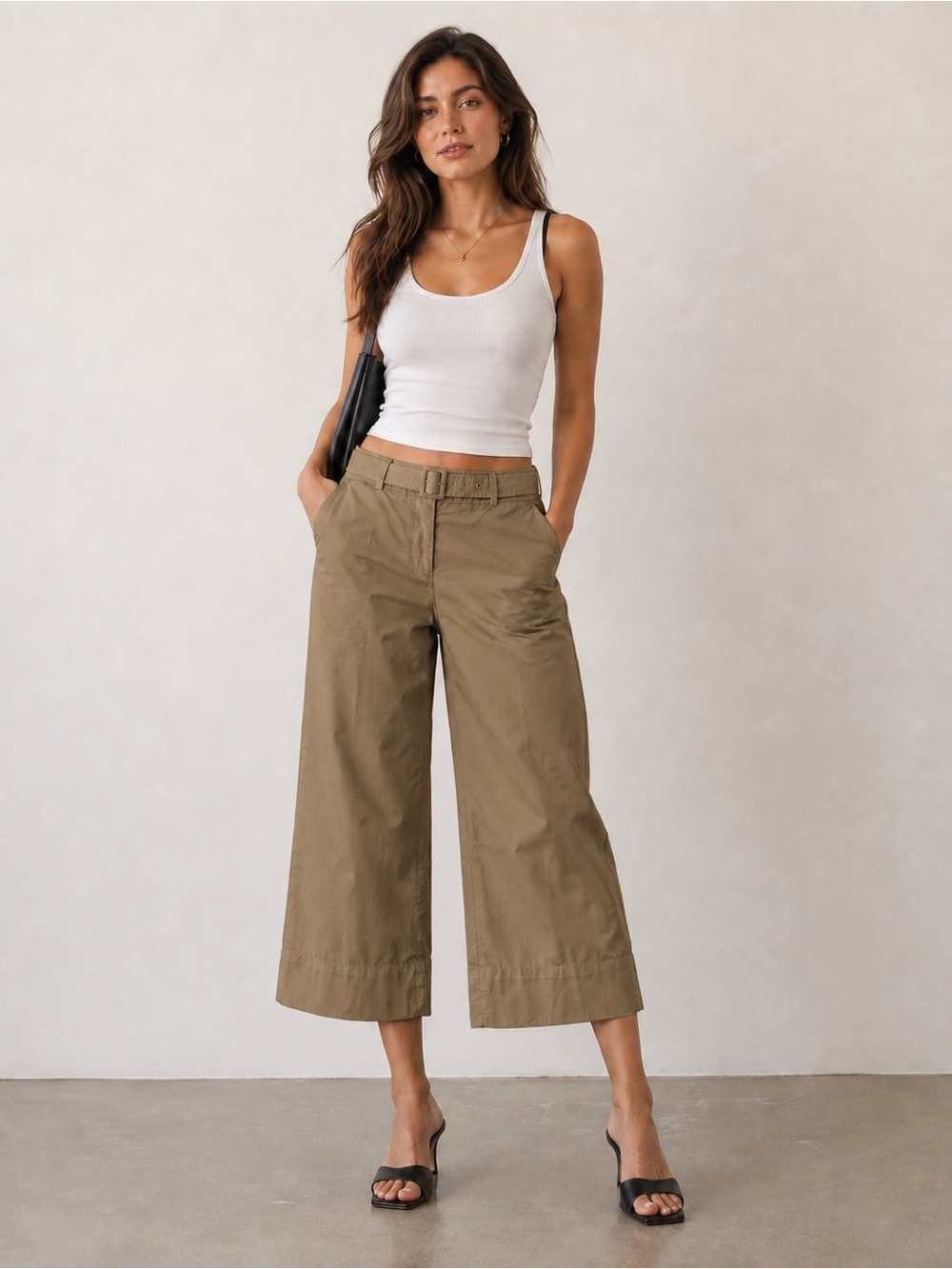 Loft Ann Taylor khaki tan cotton cropped Pant 8T high waist wide leg fabric belt